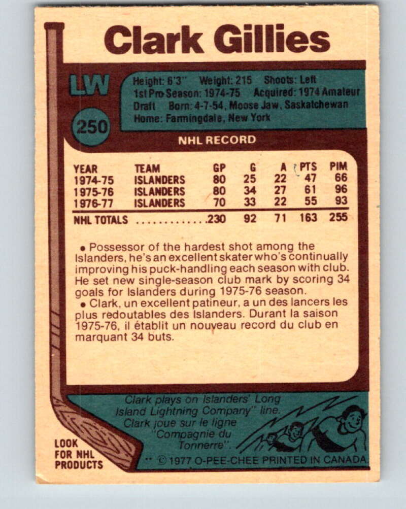 1977-78 O-Pee-Chee #250 Clark Gillies New York Islanders V14715