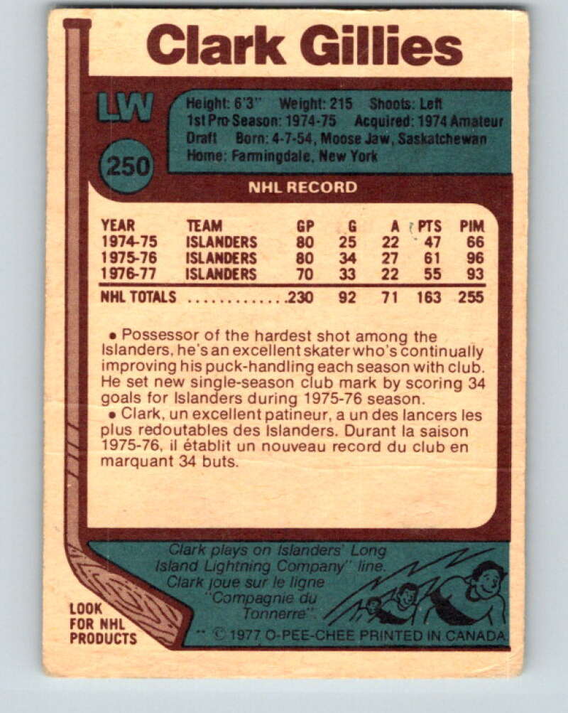 1977-78 O-Pee-Chee #250 Clark Gillies New York Islanders V14718