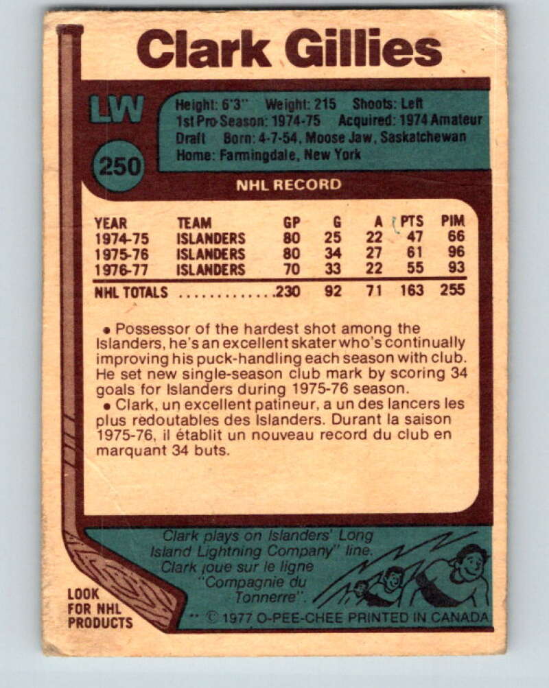1977-78 O-Pee-Chee #250 Clark Gillies New York Islanders V14722