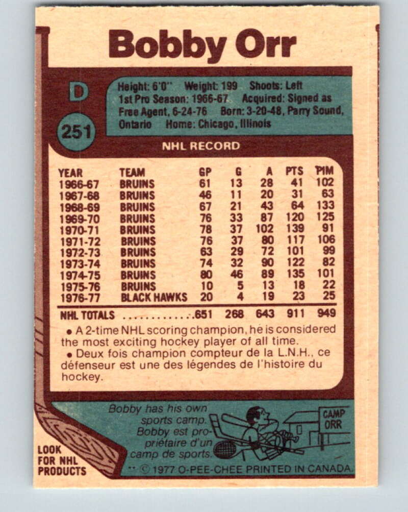 1977-78 O-Pee-Chee #251 Bobby Orr Chicago Blackhawks V14725