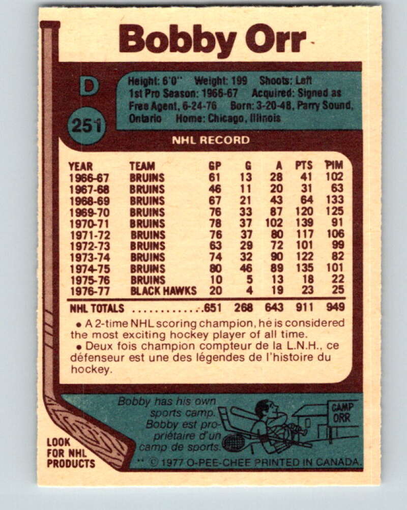 1977-78 O-Pee-Chee #251 Bobby Orr Chicago Blackhawks V14727