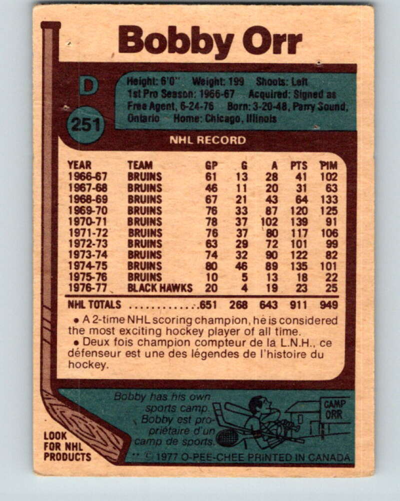 1977-78 O-Pee-Chee #251 Bobby Orr Chicago Blackhawks V14728