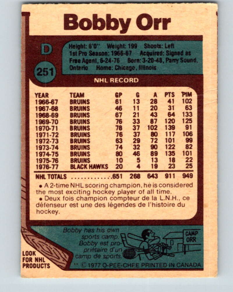 1977-78 O-Pee-Chee #251 Bobby Orr Chicago Blackhawks V14731