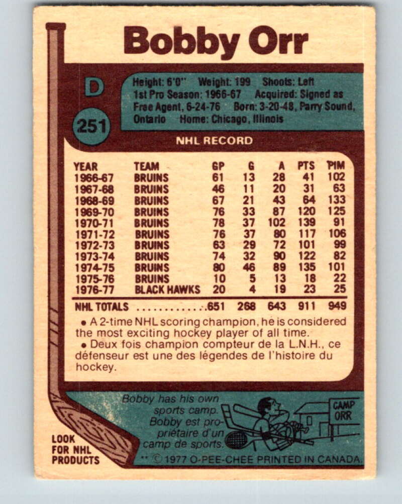 1977-78 O-Pee-Chee #251 Bobby Orr Chicago Blackhawks V14732