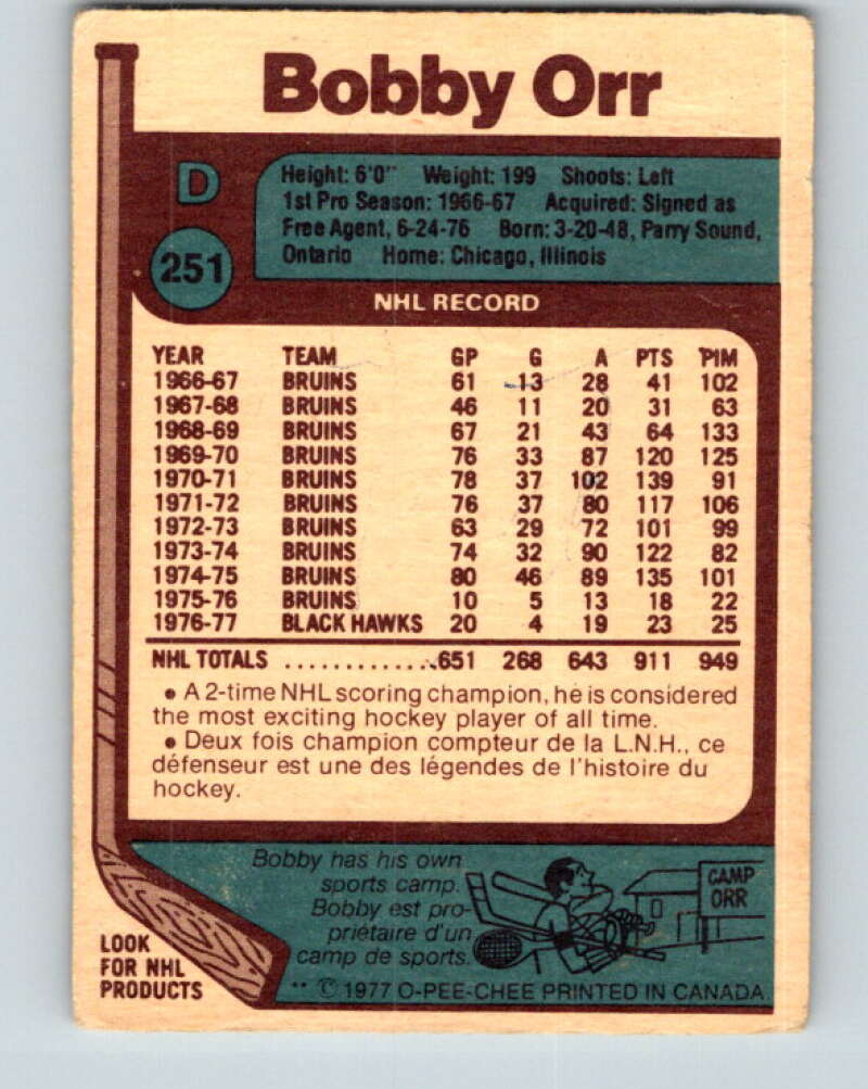 1977-78 O-Pee-Chee #251 Bobby Orr Chicago Blackhawks V14733
