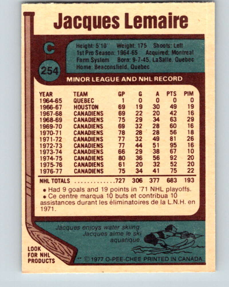 1977-78 O-Pee-Chee #254 Jacques Lemaire Montreal Canadiens V14745