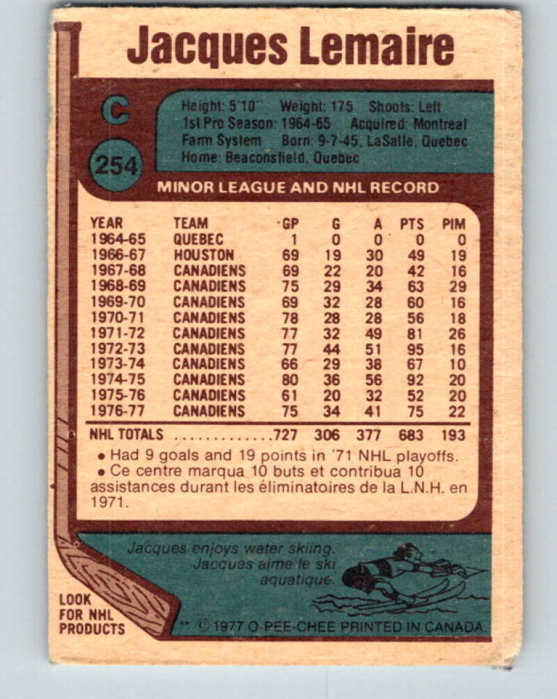 1977-78 O-Pee-Chee #254 Jacques Lemaire Montreal Canadiens V14746