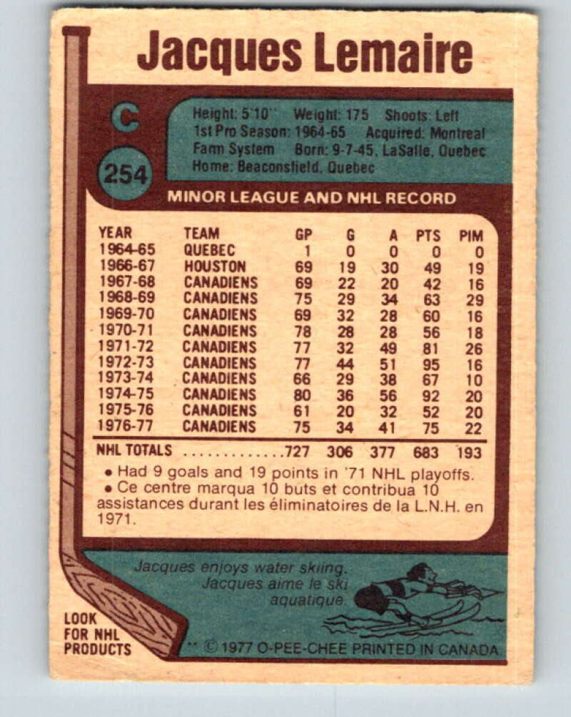 1977-78 O-Pee-Chee #254 Jacques Lemaire Montreal Canadiens V14747