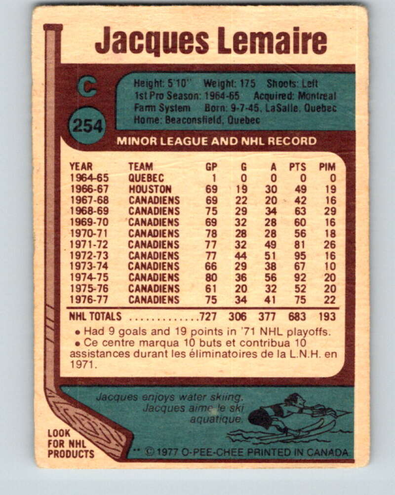 1977-78 O-Pee-Chee #254 Jacques Lemaire Montreal Canadiens V14749
