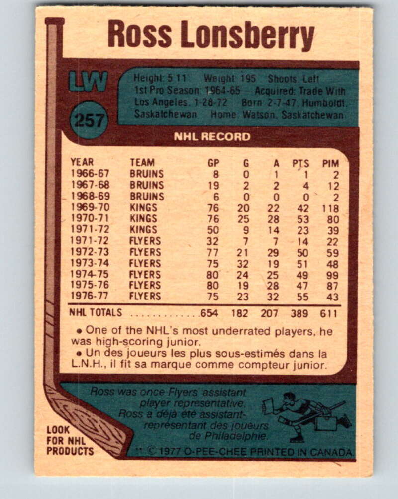 1977-78 O-Pee-Chee #257 Ross Lonsberry Philadelphia Flyers V14771