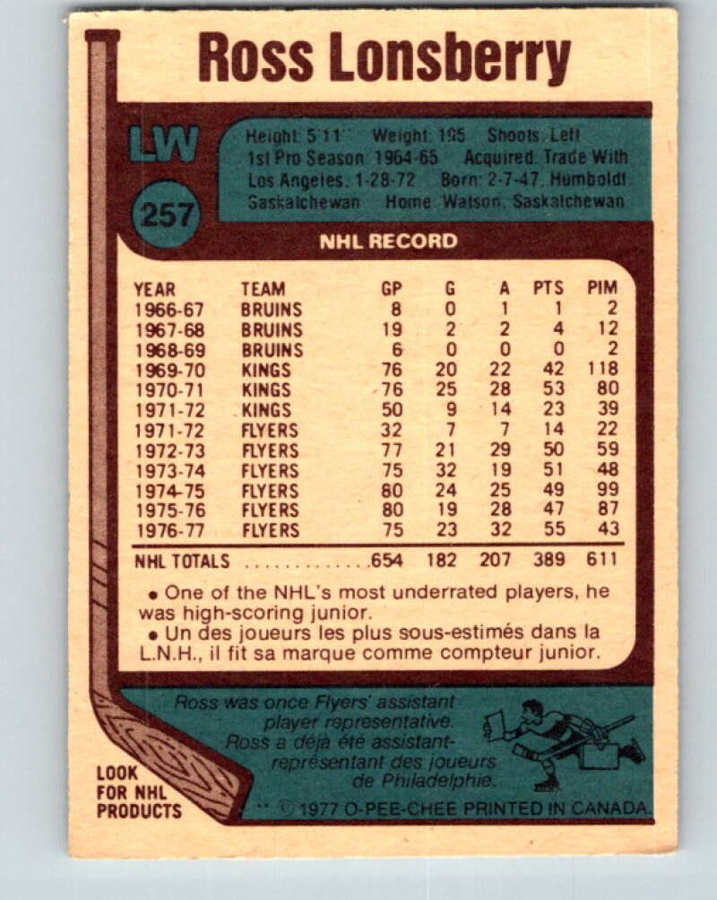1977-78 O-Pee-Chee #257 Ross Lonsberry Philadelphia Flyers V14772