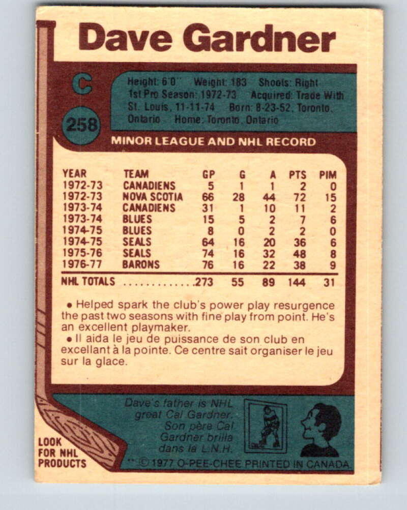 1977-78 O-Pee-Chee #258 Dave Gardner Cleveland Barons V14778