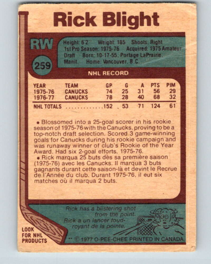 1977-78 O-Pee-Chee #259 Rick Blight Vancouver Canucks V14785