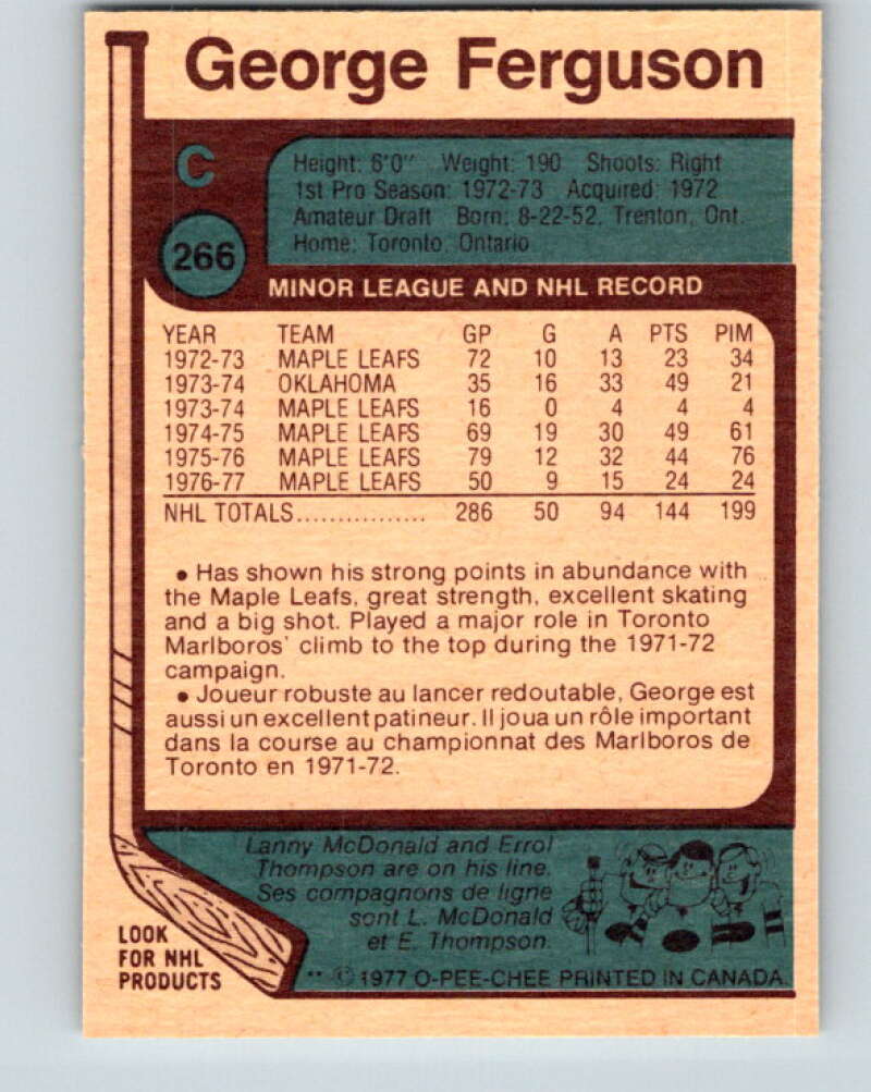 1977-78 O-Pee-Chee #266 George Ferguson Toronto Maple Leafs V14825