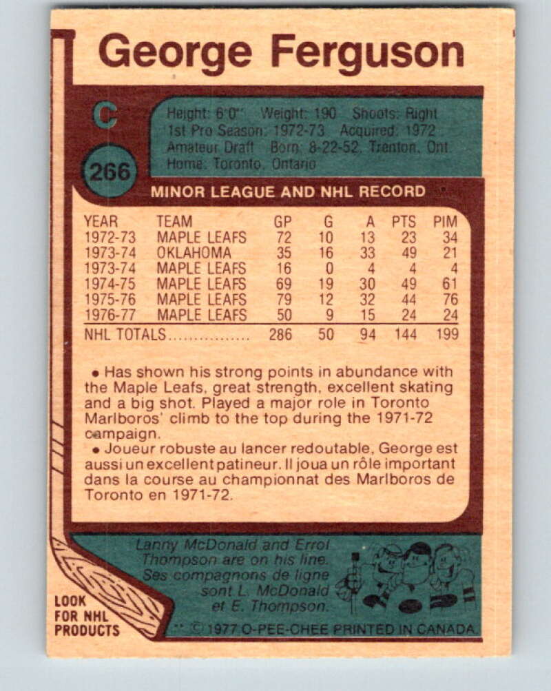 1977-78 O-Pee-Chee #266 George Ferguson Toronto Maple Leafs V14826