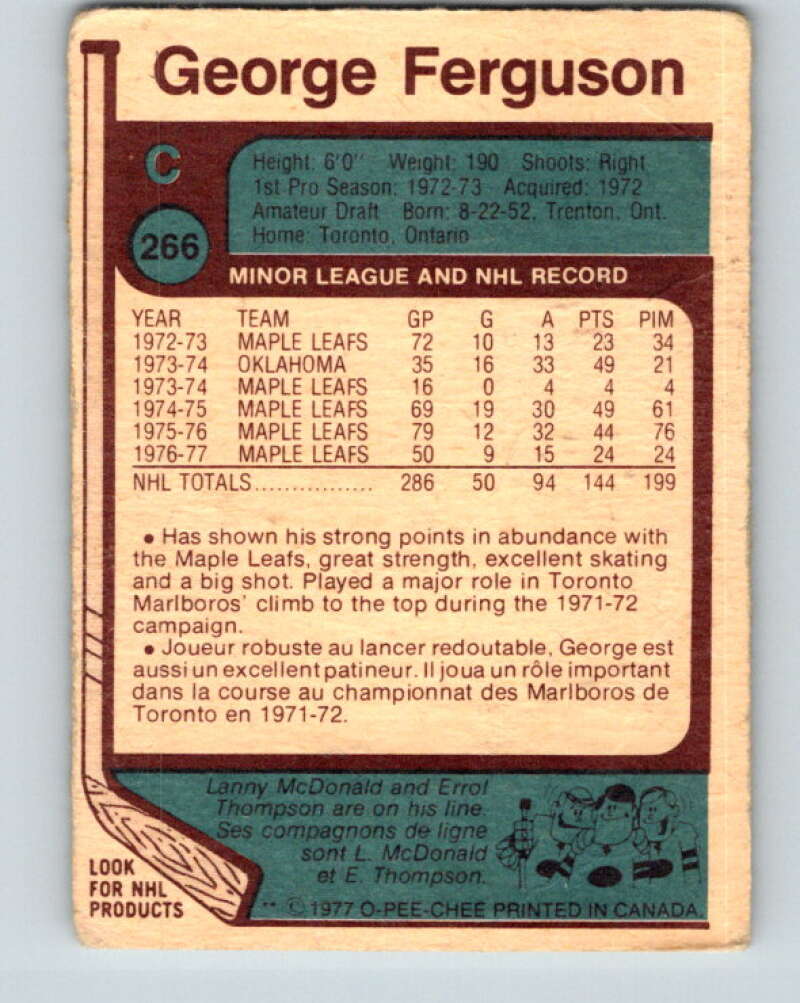 1977-78 O-Pee-Chee #266 George Ferguson Toronto Maple Leafs V14833