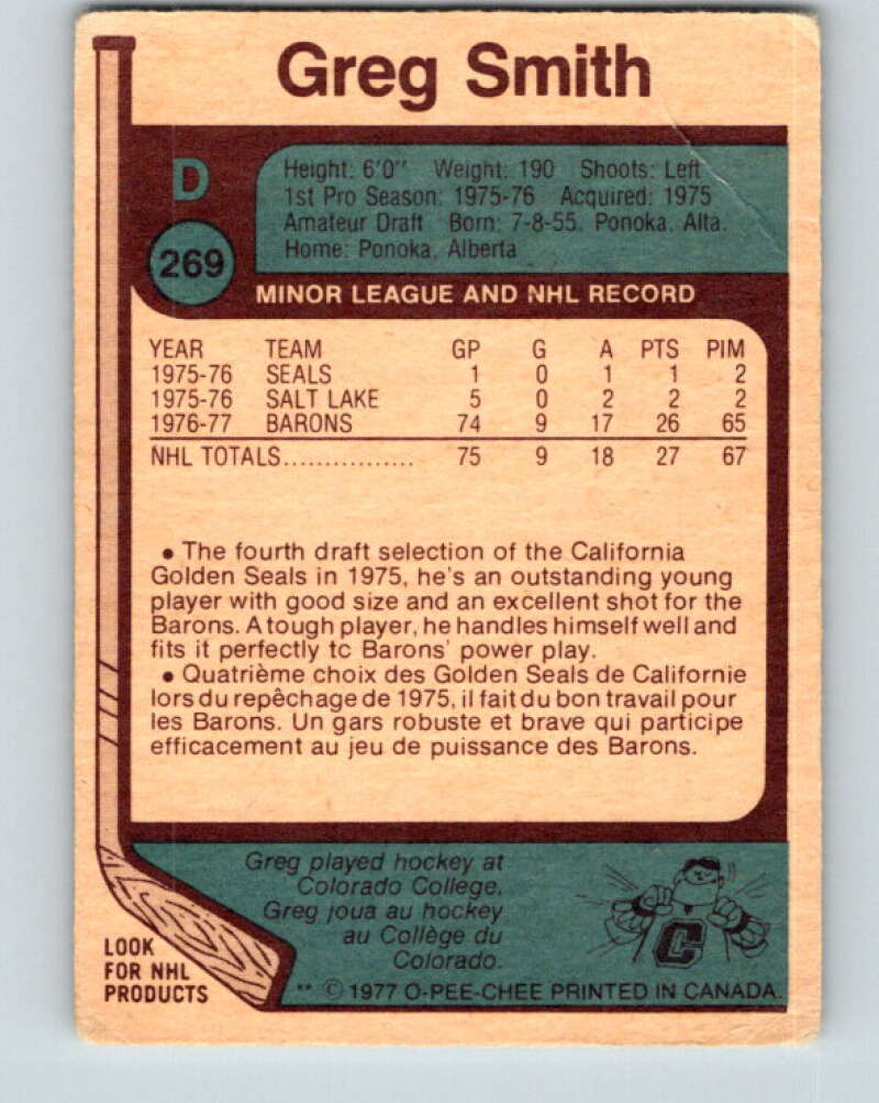 1977-78 O-Pee-Chee #269 Greg Smith RC Rookie Cleveland Barons V14847