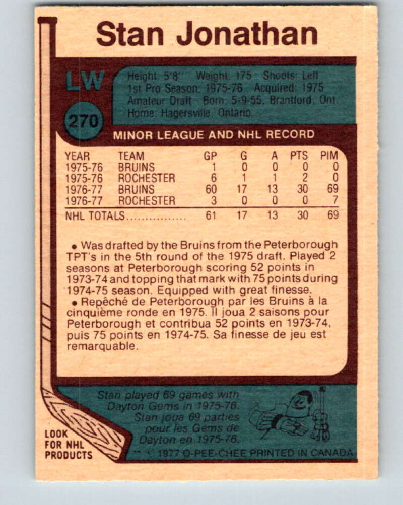 1977-78 O-Pee-Chee #270 Stan Jonathan RC Rookie Boston Bruins V14850