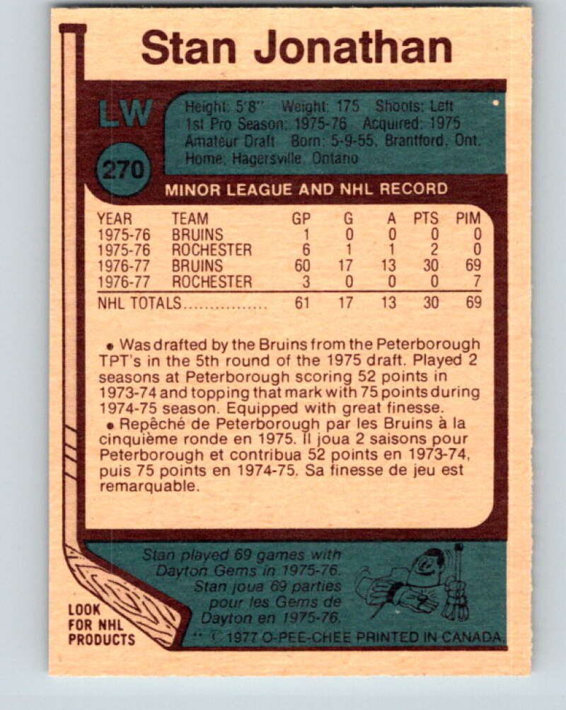 1977-78 O-Pee-Chee #270 Stan Jonathan RC Rookie Boston Bruins V14851