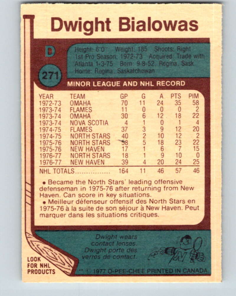 1977-78 O-Pee-Chee #271 Dwight Bialowas Minnesota North Stars V14858