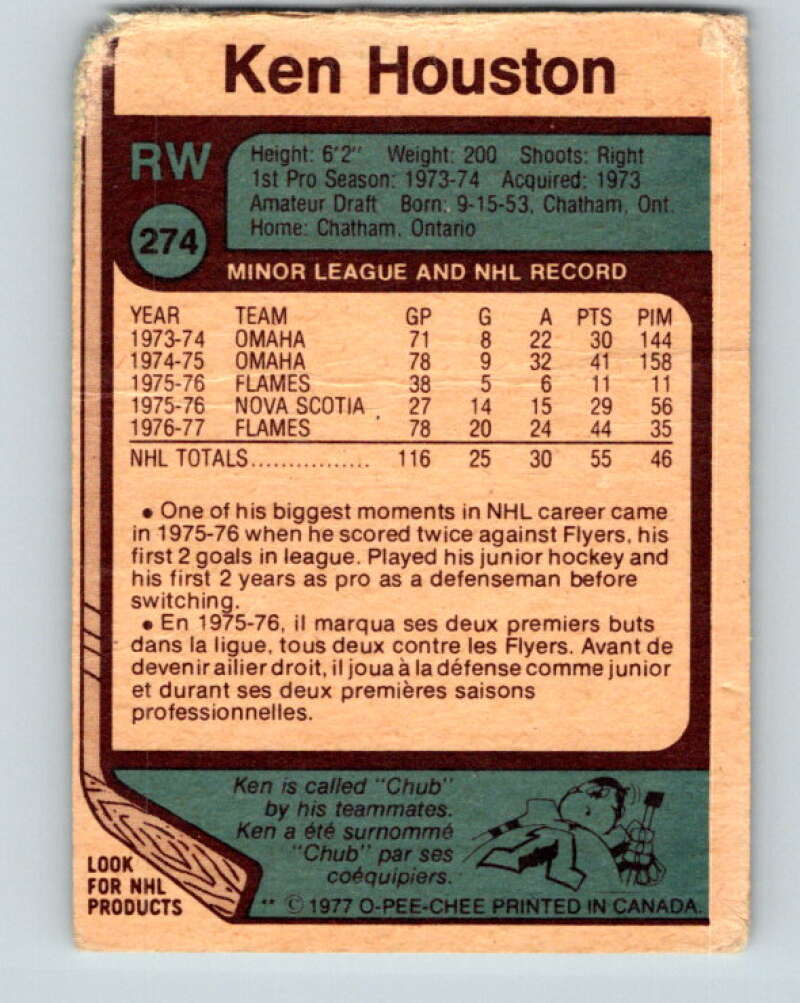 1977-78 O-Pee-Chee #274 Ken Houston RC Rookie Atlanta Flames V14887