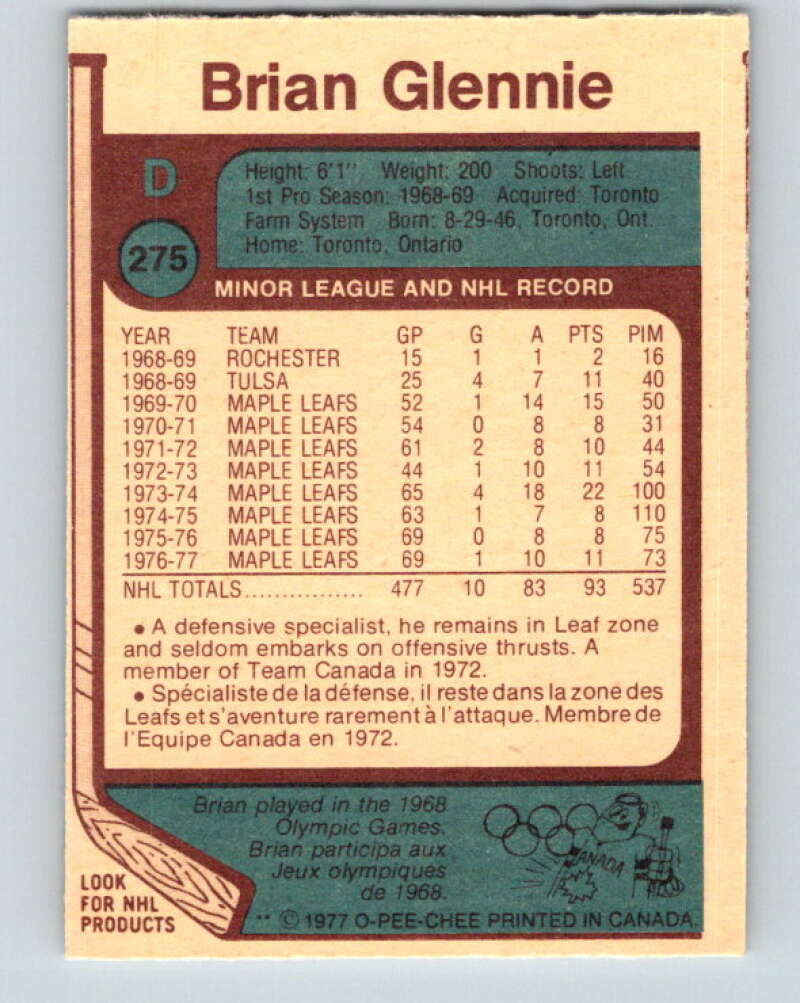 1977-78 O-Pee-Chee #275 Brian Glennie Toronto Maple Leafs V14892