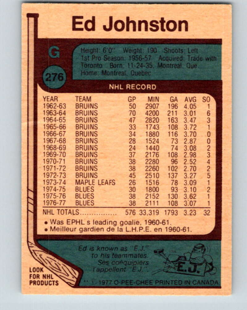 1977-78 O-Pee-Chee #276 Ed Johnston St. Louis Blues V14894