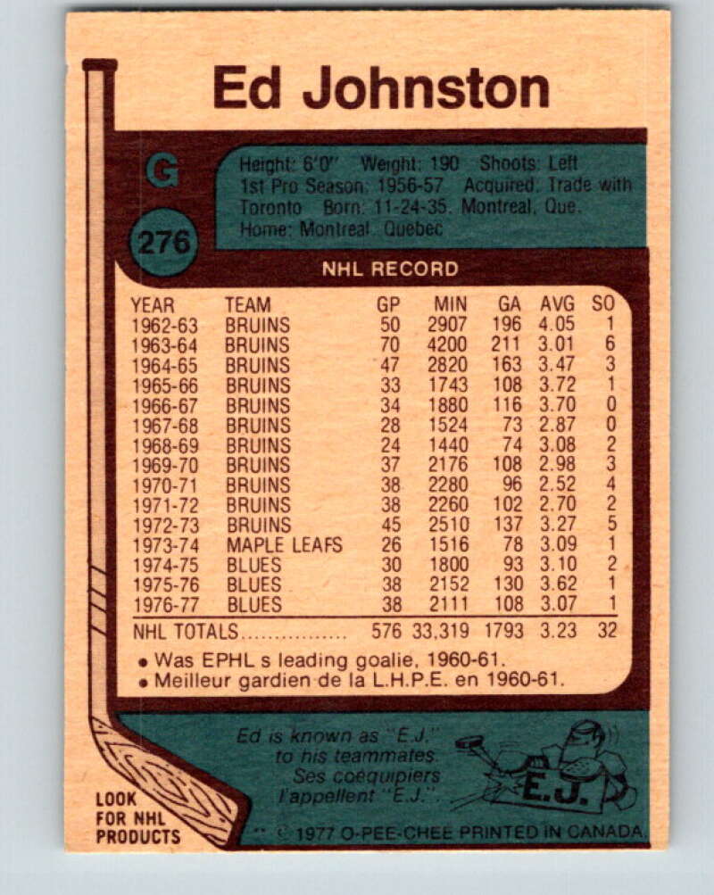 1977-78 O-Pee-Chee #276 Ed Johnston St. Louis Blues V14897