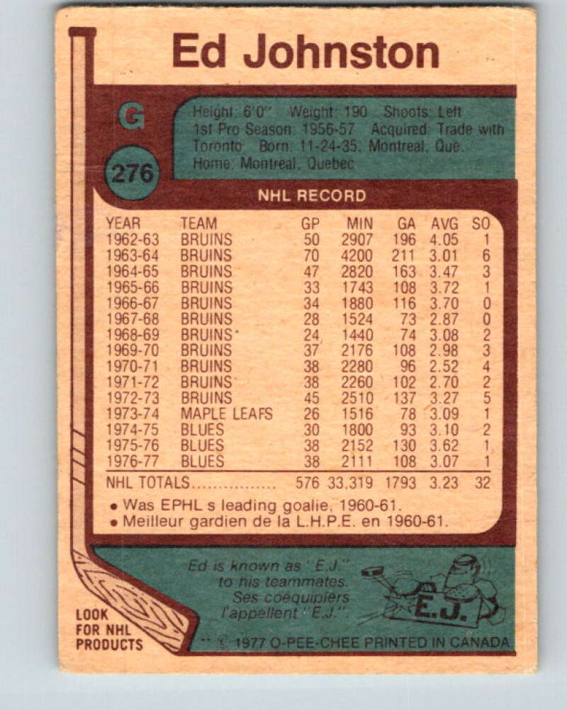 1977-78 O-Pee-Chee #276 Ed Johnston St. Louis Blues V14899