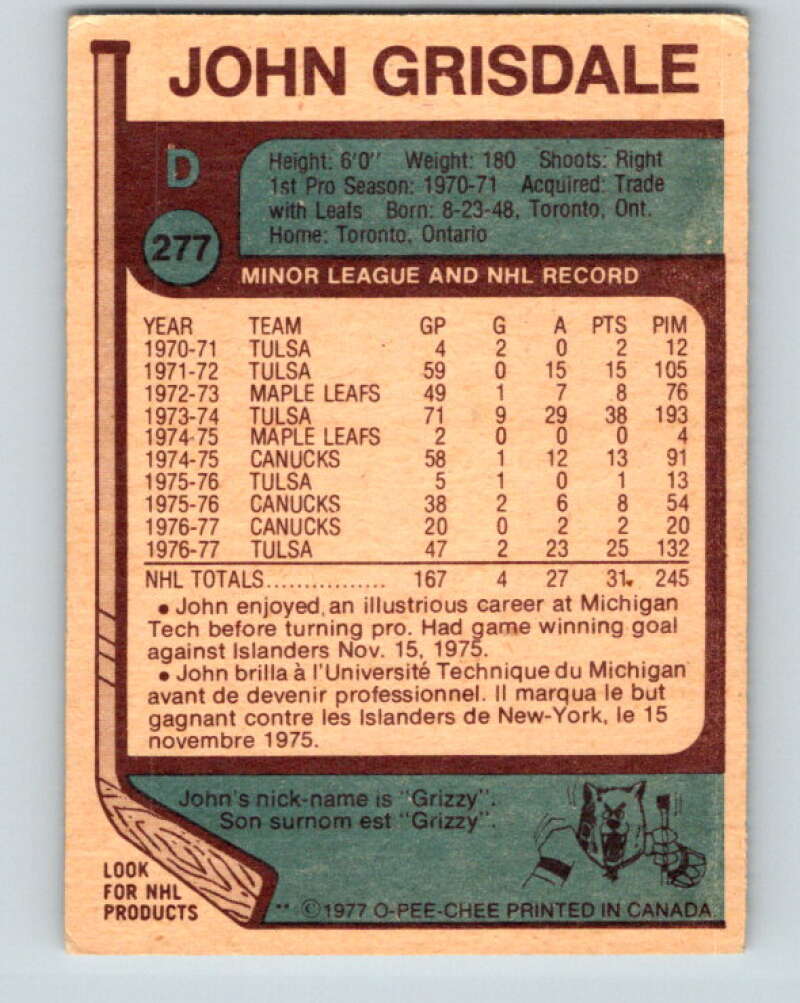 1977-78 O-Pee-Chee #277 John Grisdale Vancouver Canucks V14901