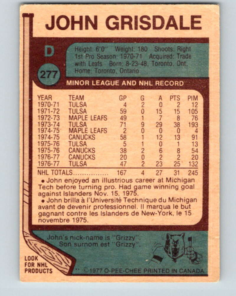 1977-78 O-Pee-Chee #277 John Grisdale Vancouver Canucks V14902