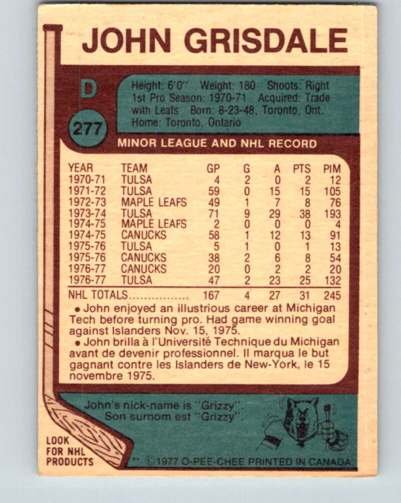 1977-78 O-Pee-Chee #277 John Grisdale Vancouver Canucks V14903