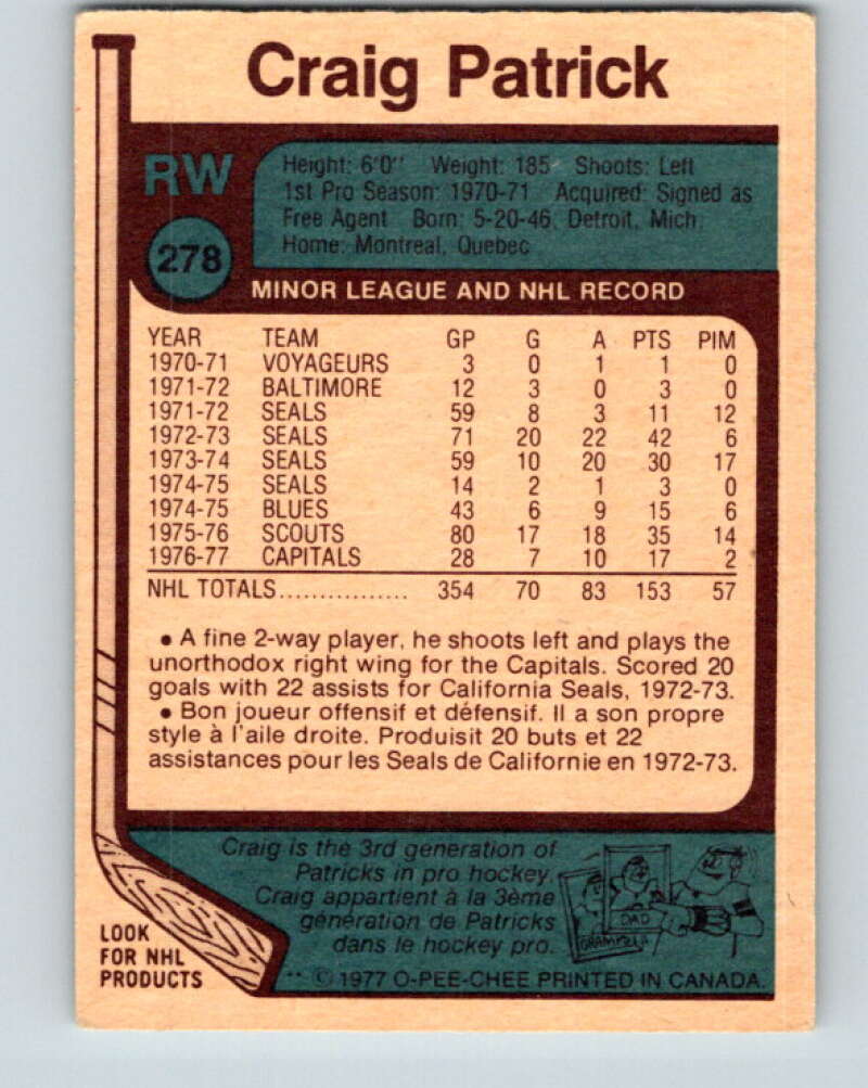 1977-78 O-Pee-Chee #278 Craig Patrick Washington Capitals V14904