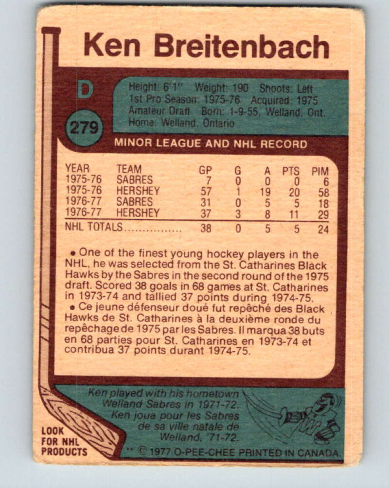 1977-78 O-Pee-Chee #279 Ken Breitenbach RC Rookie Buffalo Sabres V14917