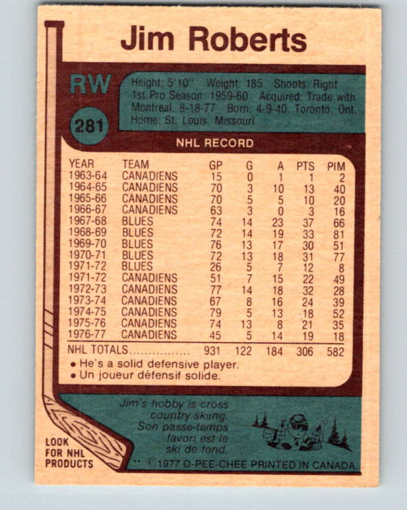 1977-78 O-Pee-Chee #281 Jim Roberts St. Louis Blues V14932