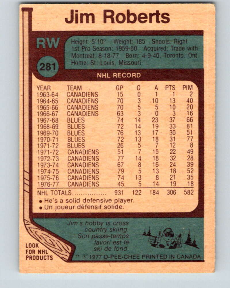 1977-78 O-Pee-Chee #281 Jim Roberts St. Louis Blues V14933