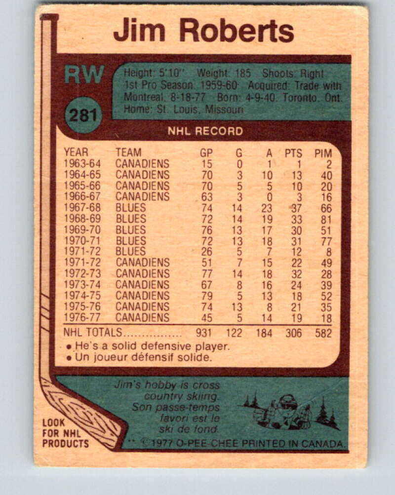 1977-78 O-Pee-Chee #281 Jim Roberts St. Louis Blues V14934