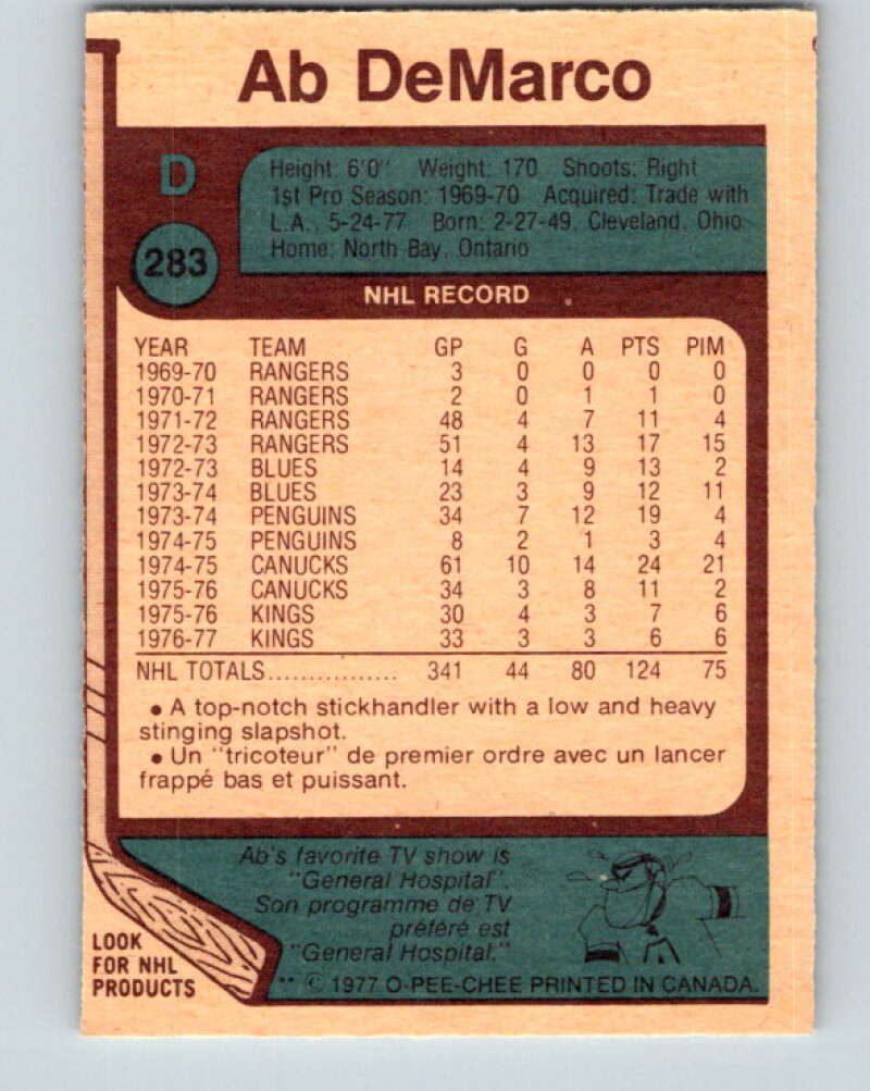 1977-78 O-Pee-Chee #283 Ab DeMarco Atlanta Flames V14941
