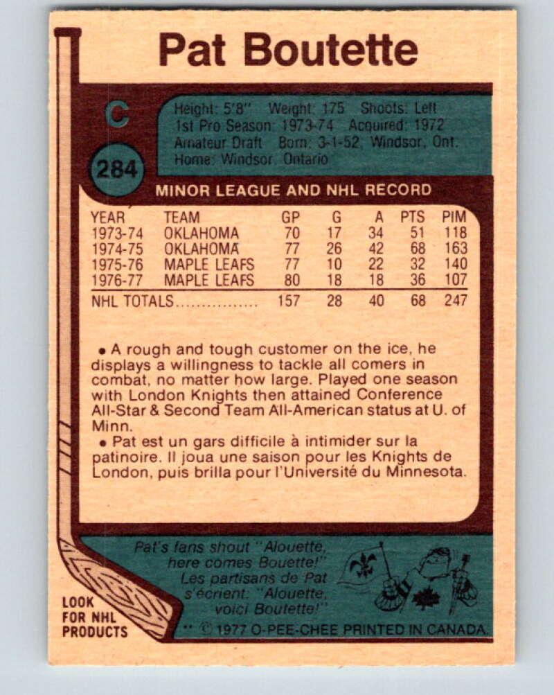 1977-78 O-Pee-Chee #284 Pat Boutette Toronto Maple Leafs V14955