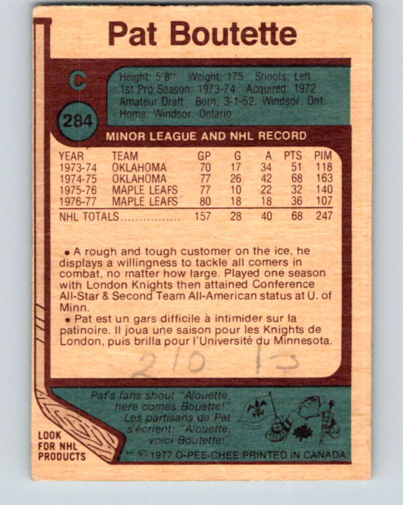 1977-78 O-Pee-Chee #284 Pat Boutette Toronto Maple Leafs V14958