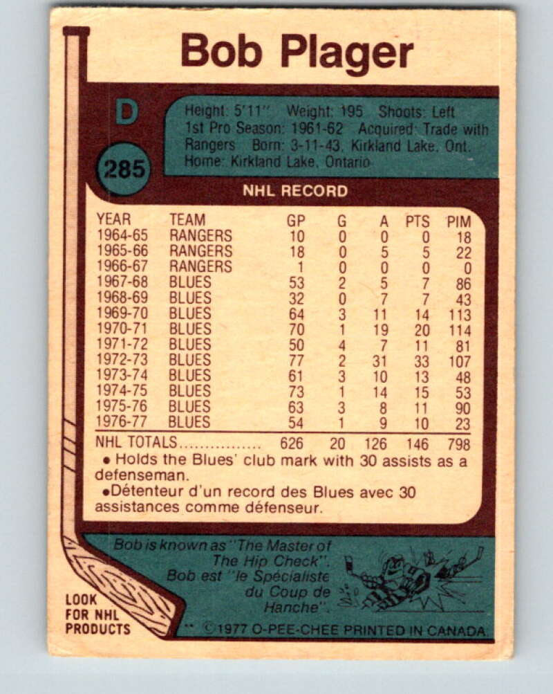 1977-78 O-Pee-Chee #285 Bob Plager St. Louis Blues V14970