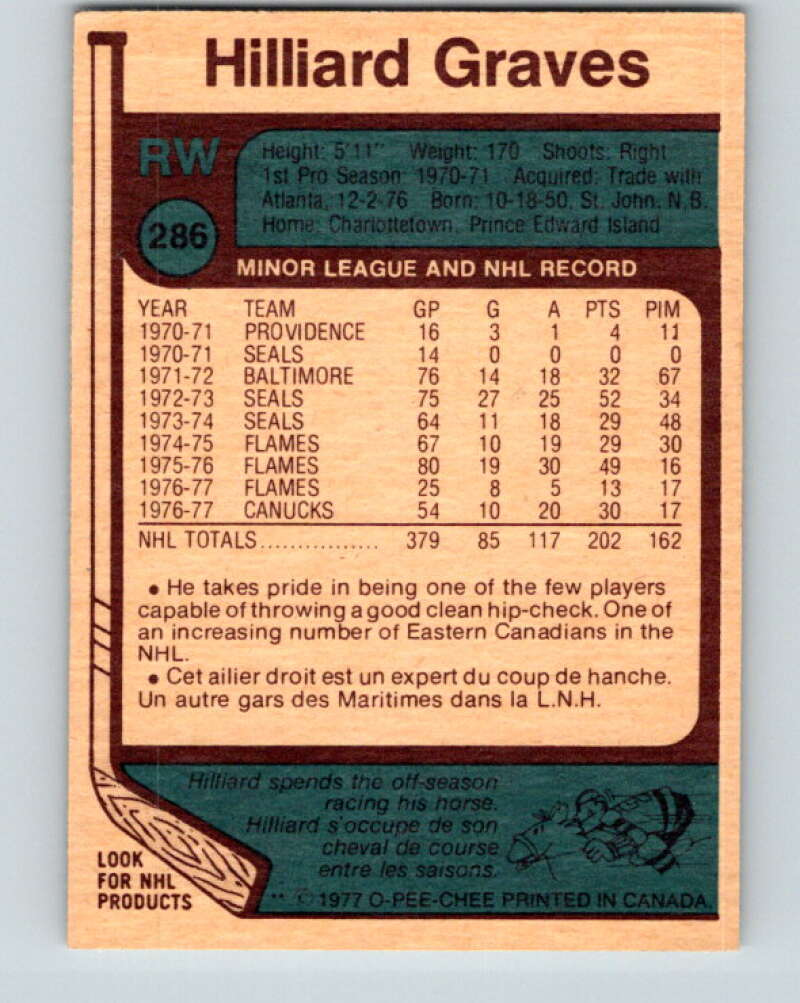 1977-78 O-Pee-Chee #286 Hilliard Graves Vancouver Canucks V14973