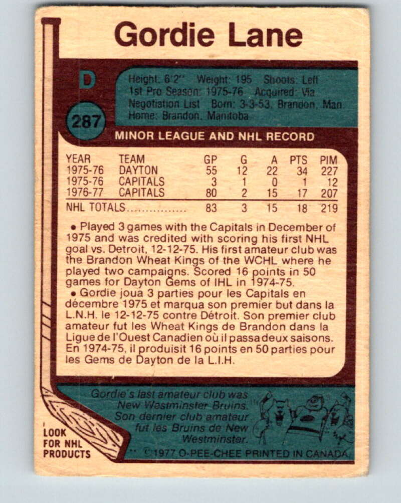 1977-78 O-Pee-Chee #287 Gord Lane RC Rookie Washington Capitals V14978