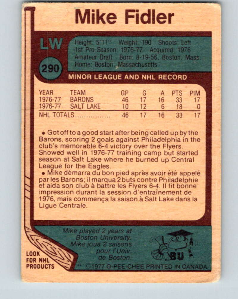 1977-78 O-Pee-Chee #290 Mike Fidler RC Rookie Cleveland Barons V15007