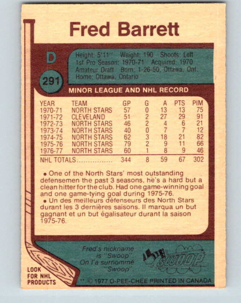 1977-78 O-Pee-Chee #291 Fred Barrett Minnesota North Stars V15011