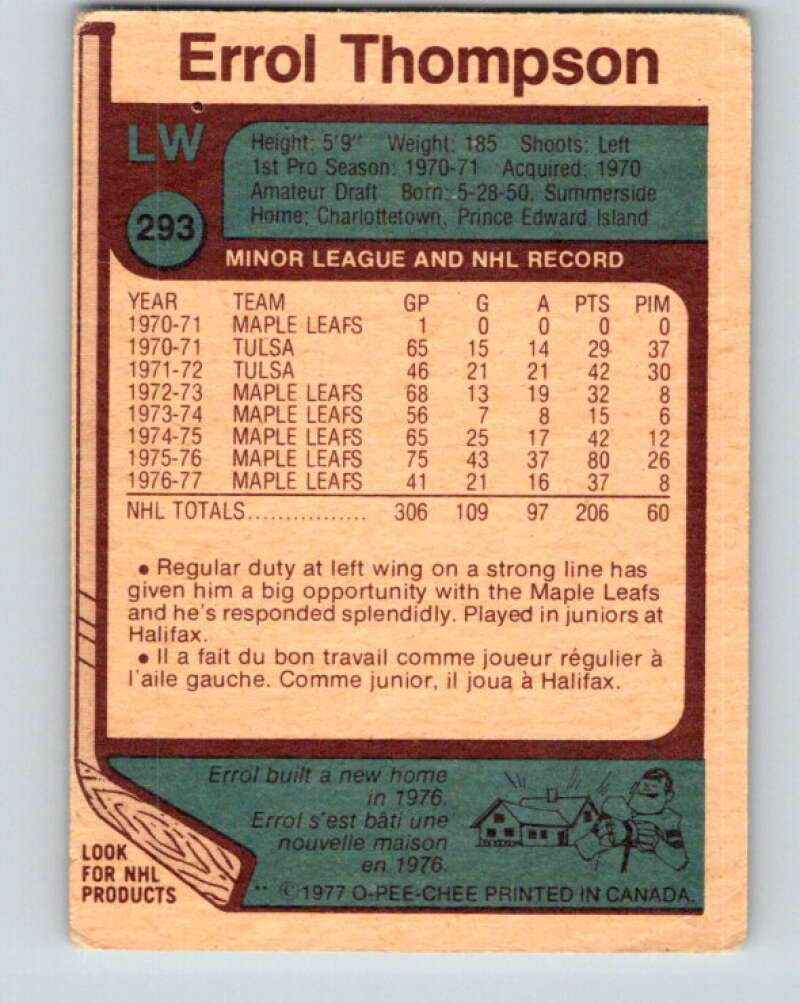 1977-78 O-Pee-Chee #293 Errol Thompson Toronto Maple Leafs V15026