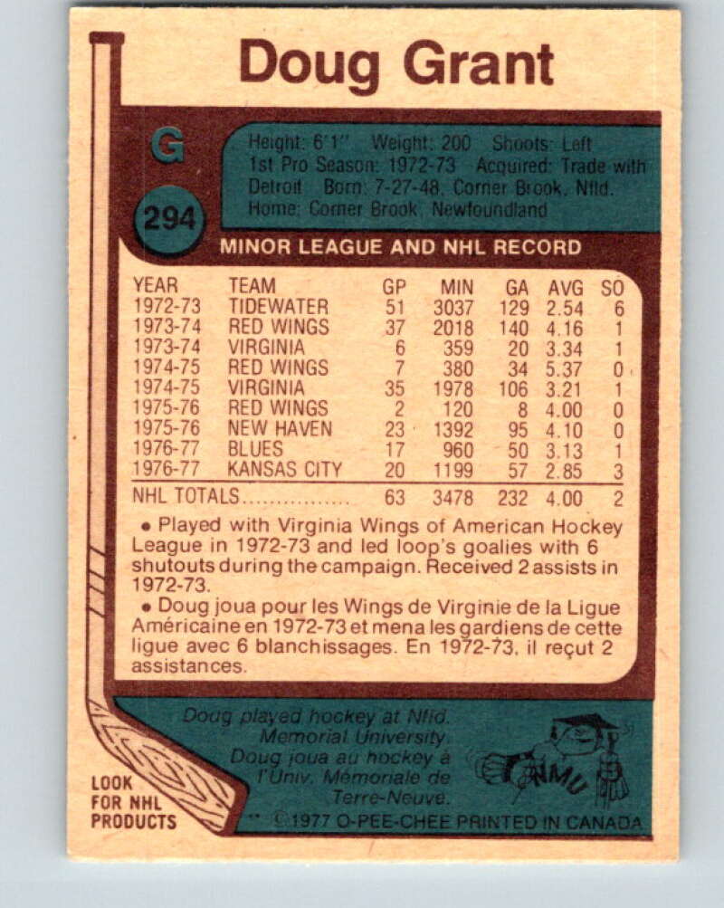1977-78 O-Pee-Chee #294 Doug Grant St. Louis Blues V15034