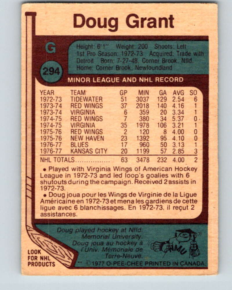 1977-78 O-Pee-Chee #294 Doug Grant St. Louis Blues V15040