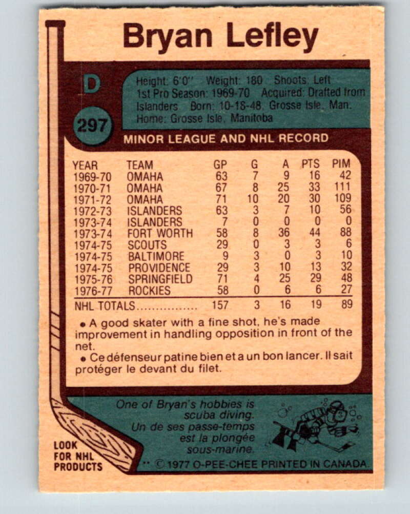 1977-78 O-Pee-Chee #297 Bryan Lefley Colorado Rockies V15048