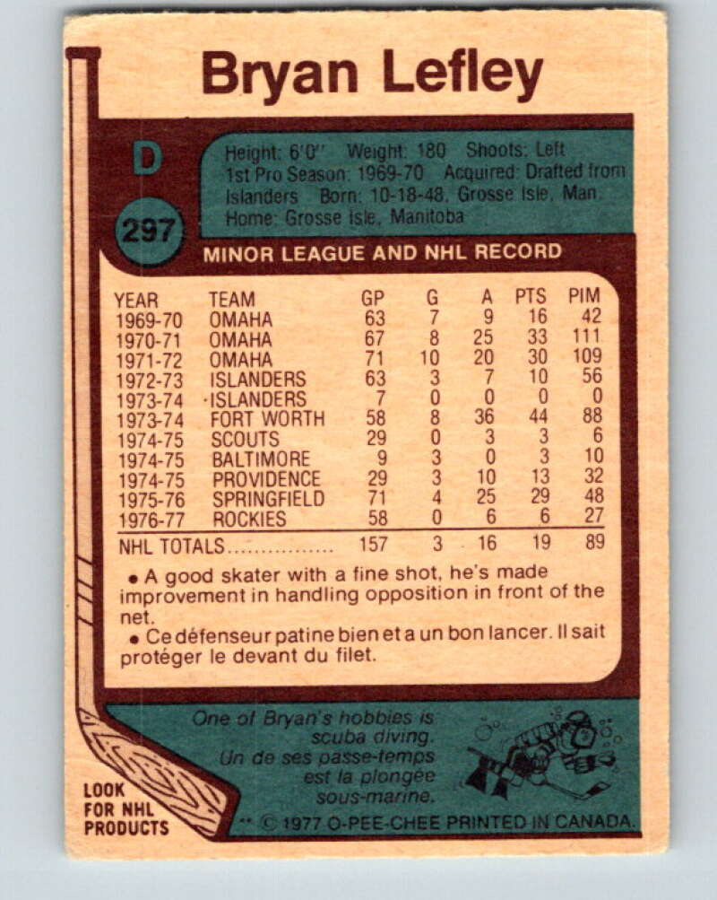 1977-78 O-Pee-Chee #297 Bryan Lefley Colorado Rockies V15052